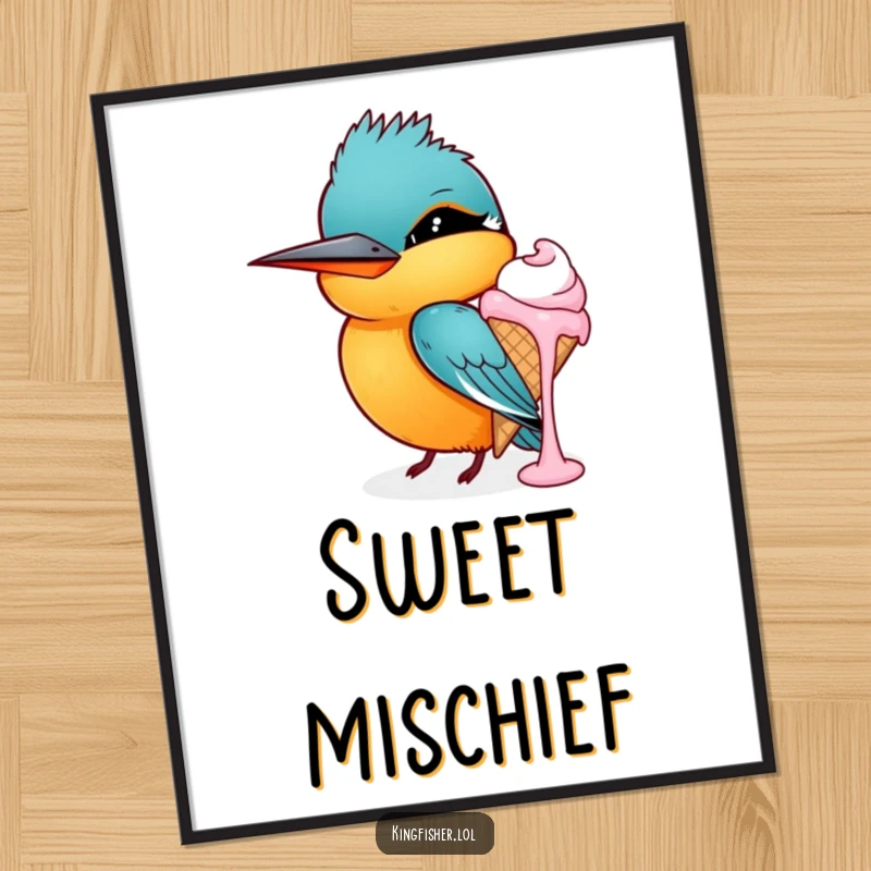 Funny kingfisher digital art print, a bird winking while holding a dripping ice cream cone, instant downloadable sweetness.