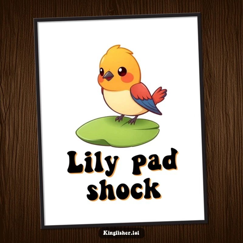 Funny Surprised Bird Digital Art Print: A colorful bird looks surprised on a lily pad. Instant funny decor.