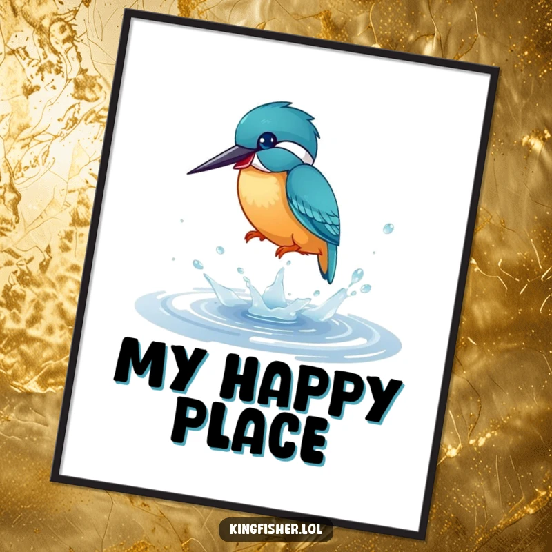 Funny Digital Art Print: A playful kingfisher bird joyfully splashing in a shimmering puddle, capturing vibrant energy and wet-feathered humor.
