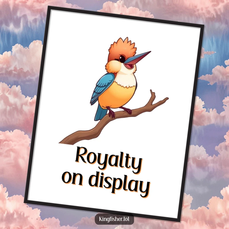 Funny Proud Kingfisher Digital Art Print: A stylish artwork of a smiling kingfisher striking a dramatic, proud pose on a twisted branch.