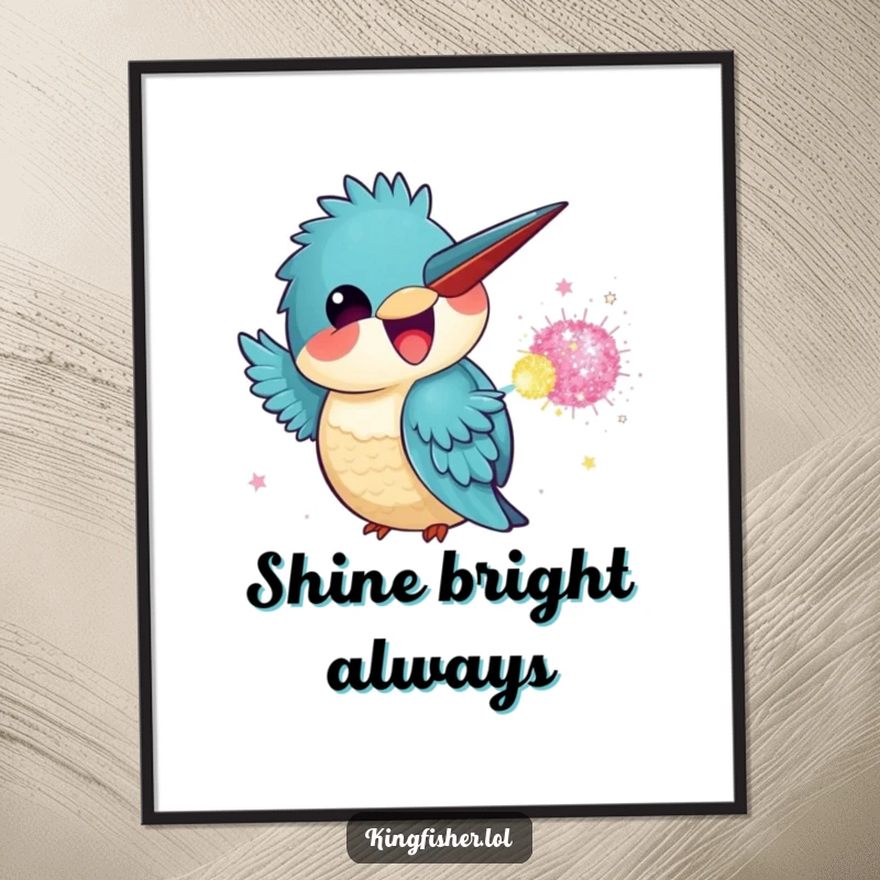 Funny Kingfisher Digital Art Print: A kawaii kingfisher triumphantly throwing a glitter bomb with a wide, happy grin.