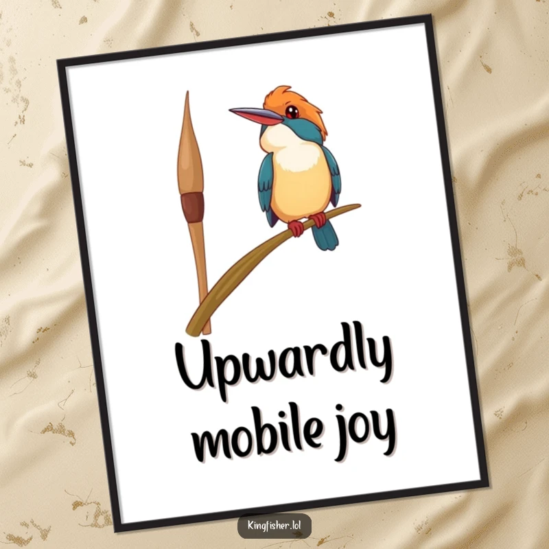 Funny happy kingfisher bird digital art print, perched precariously on a swaying reed, looking upwards with a smile, perfect for whimsical humor.