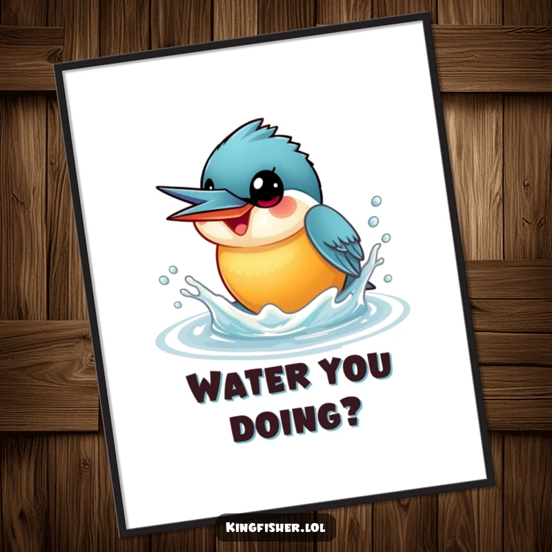 Funny Kingfisher Digital Art Print of a smiling kingfisher with wide eyes, playfully splashing water upwards, capturing joyful avian energy.