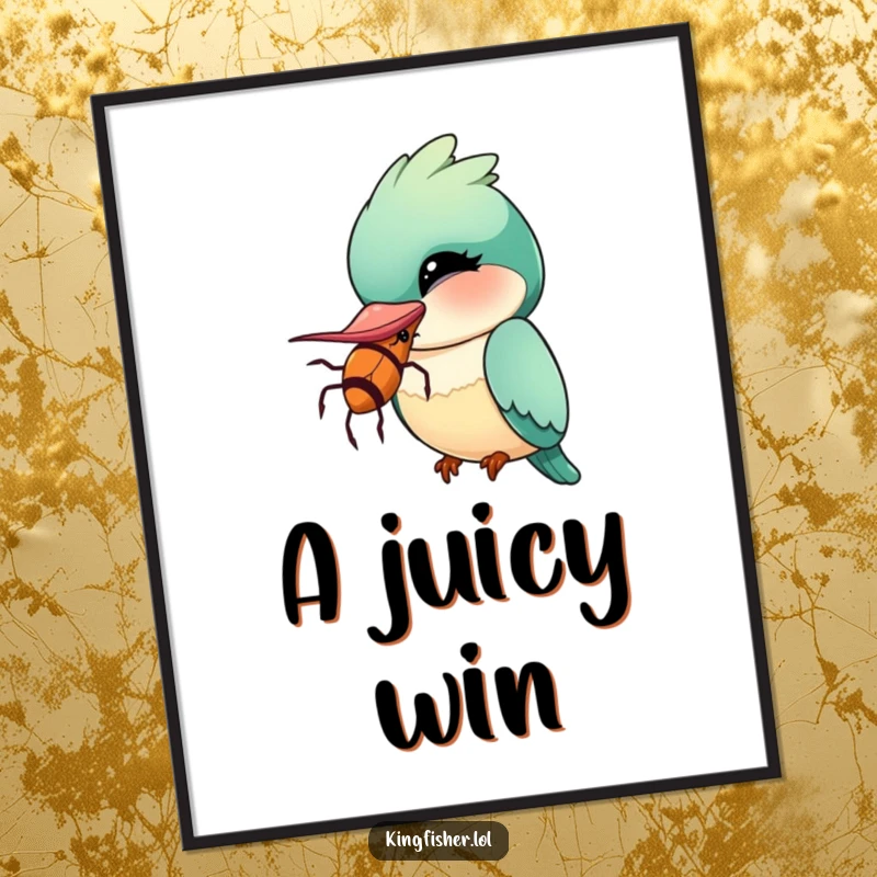 Funny Kingfisher Digital Art Print showing a kawaii bird winking with a comically oversized insect, a whimsical and humorous decor piece.