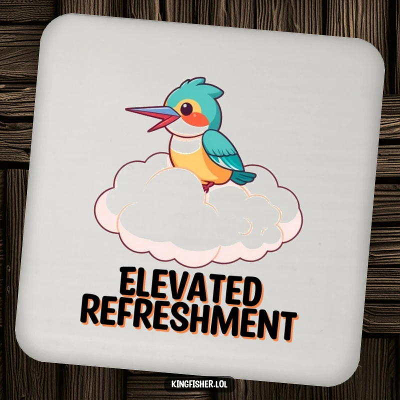 Funny Coaster: A laughing kingfisher bird riding a fluffy cloud, bringing airborne humor and protection to surfaces.