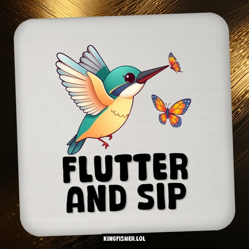 Funny Kingfisher Butterfly Coaster: A coaster featuring an excited kingfisher with outstretched wings chasing a fluttering butterfly, adding humor to your table.