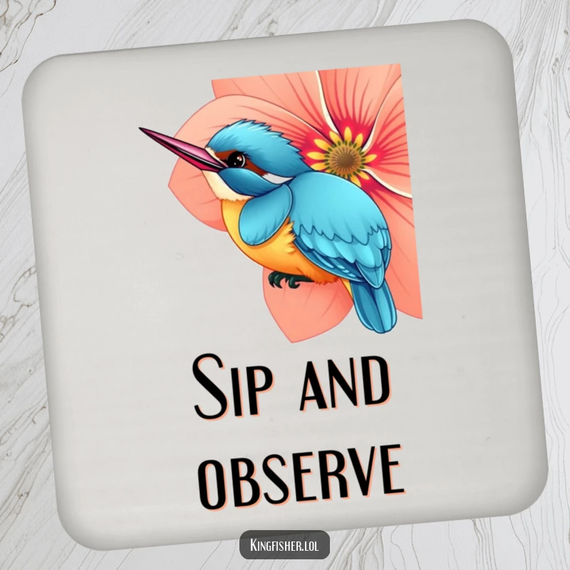 Funny drink coaster with a curious kingfisher bird peeking from behind a flower, offering playful surface protection.