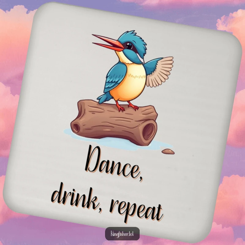 Funny Kingfisher Coaster: An excited bird dancing on a driftwood log, protecting surfaces with joy.