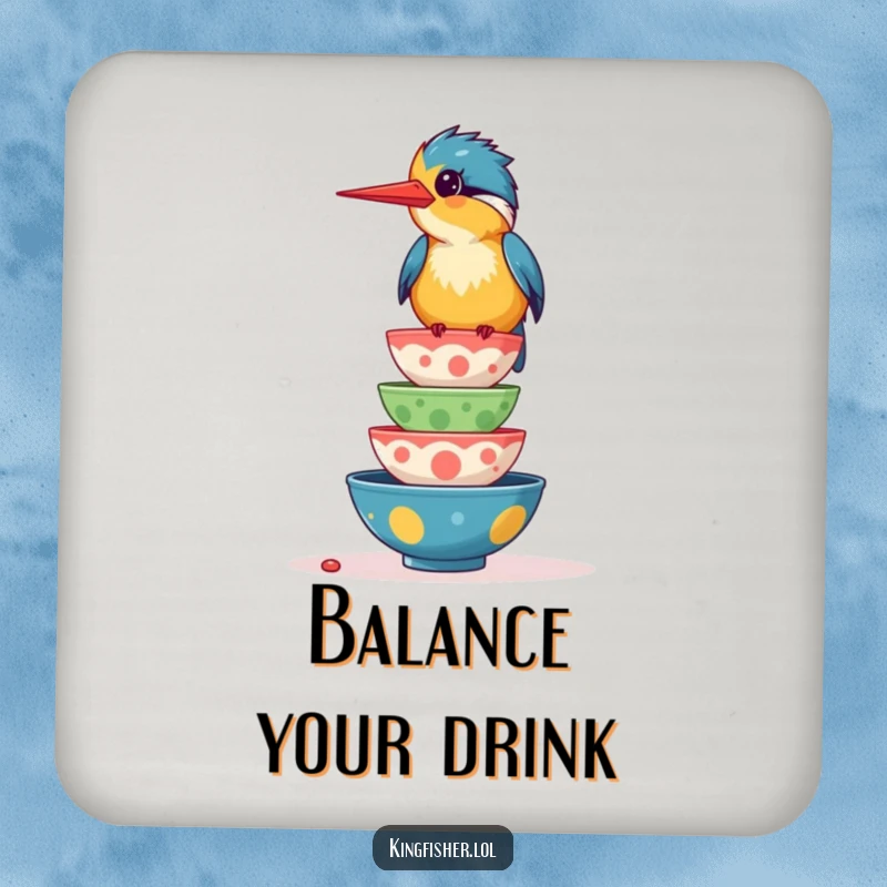 Funny drink coaster with a giggling kingfisher bird balancing food bowls, offering playful surface protection.