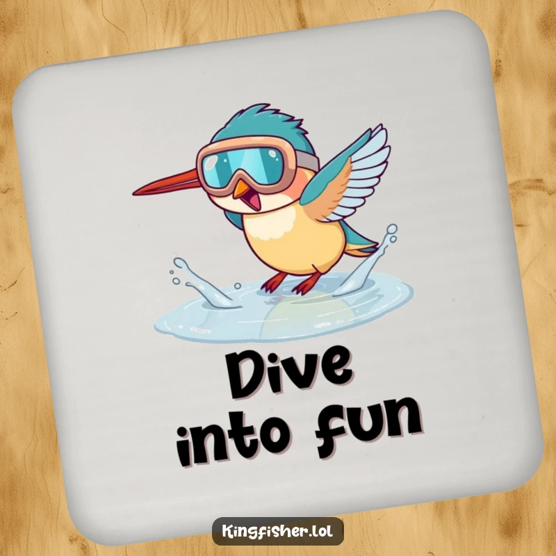 Funny kingfisher drink coasters, a bird wearing goggles splashing in a puddle, protecting surfaces with humor.
