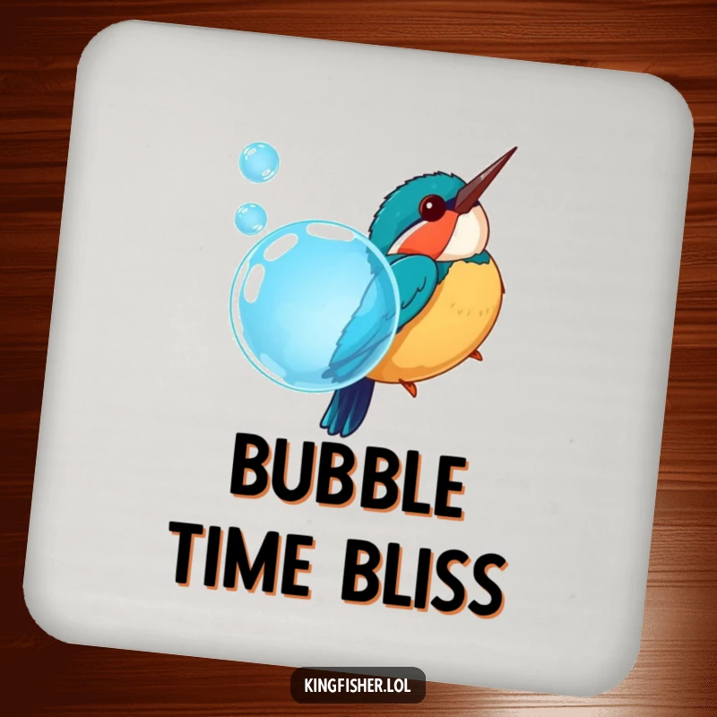 Funny drink coaster with a cheerful kingfisher bird diving into a blue bubble, protecting surfaces with playful charm.