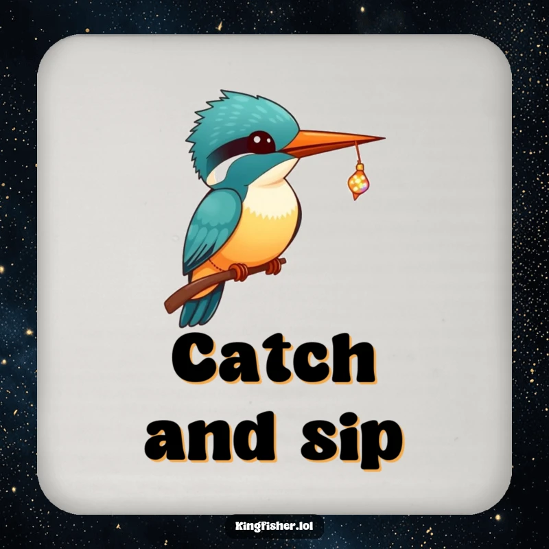 Funny Kingfisher Coaster featuring a kawaii kingfisher with wide eyes, catching a sparkling, tiny fish in its beak.
