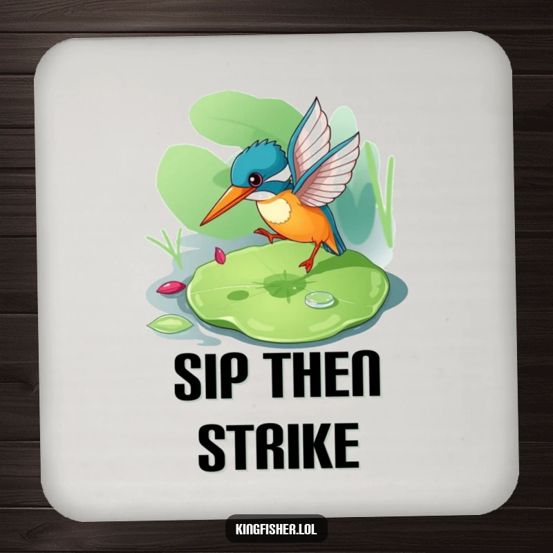 Funny kingfisher drink coaster showing a playful bird on a lily pad, adding charm to any surface.