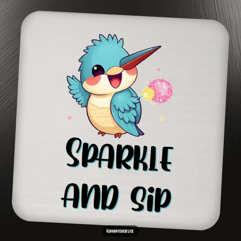 Funny Kingfisher Coaster depicting a kawaii kingfisher launching a glitter bomb, adding a touch of humor.