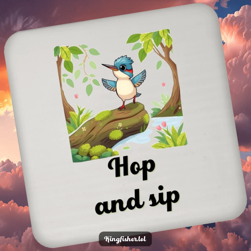 Funny Playful Kingfisher Coaster: A playful kingfisher bird hopping excitedly on a mossy log.