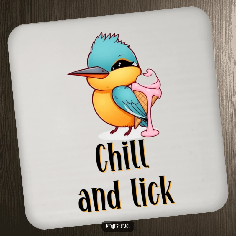 Funny kingfisher drink coasters, a bird winking while holding a dripping ice cream cone, protecting surfaces with humor.