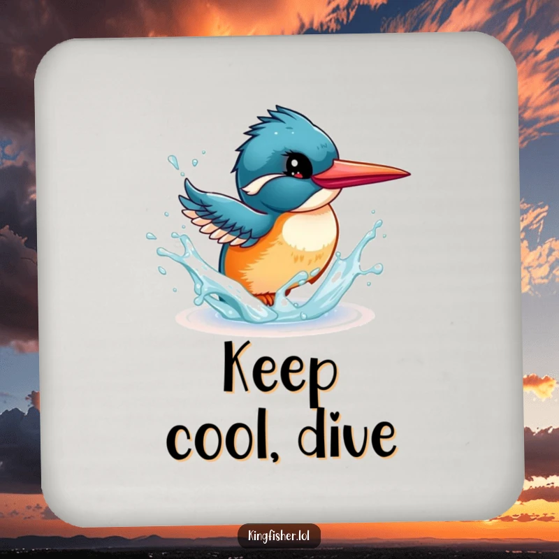 Funny Kingfisher Coaster: An energetic bird playfully splashing water with its beak, protecting surfaces with humor.