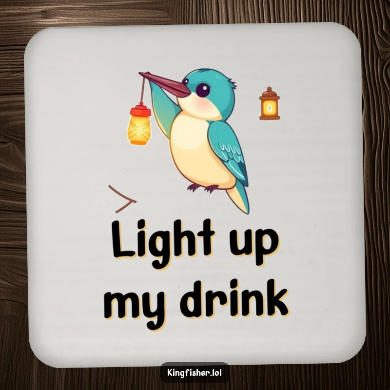 Funny Coaster: A delighted kingfisher bird holding a tiny, glowing lantern, bringing light and humor to surface protection.