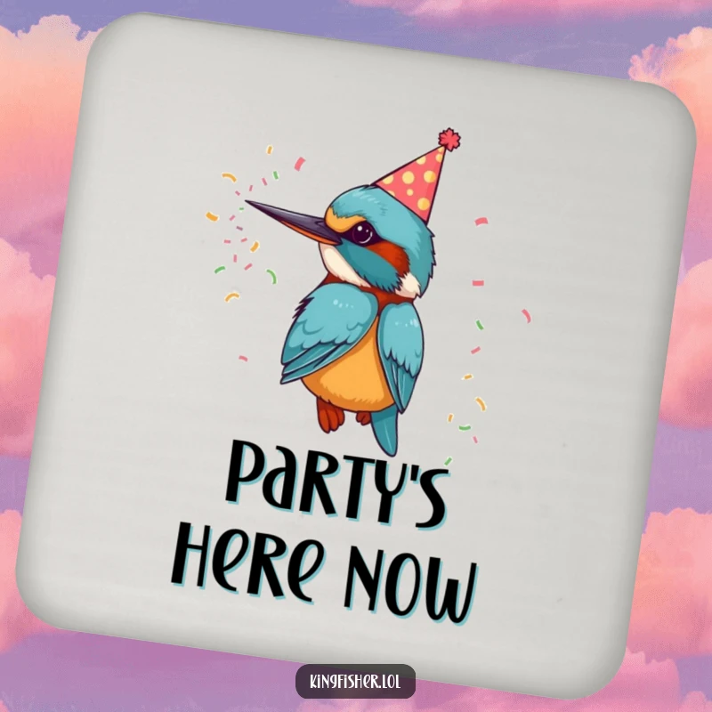 Funny coaster with a kingfisher bird in a party hat, blasting confetti, protecting surfaces with humor.
