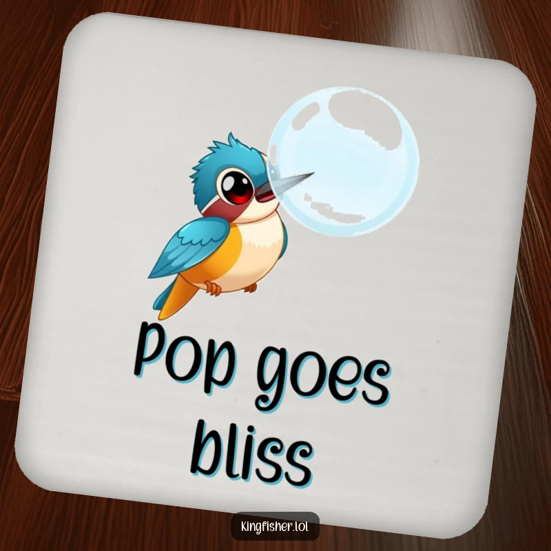 Funny kingfisher drink coasters, bird comically chasing a large bubble, protecting surfaces with humorous bird design.