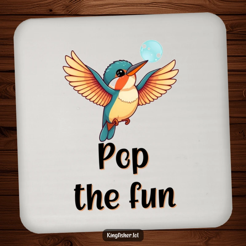 Funny kingfisher bird drink coasters with outstretched wings, playfully interacting with a bubble, offering surface protection with charming humor.