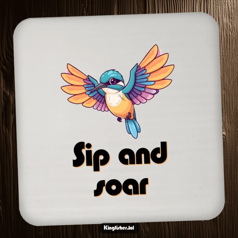 Funny Kingfisher Coasters featuring a kawaii bird mid-flight with wings spread wide, trailing colorful feathers, protecting surfaces with humorous flair.
