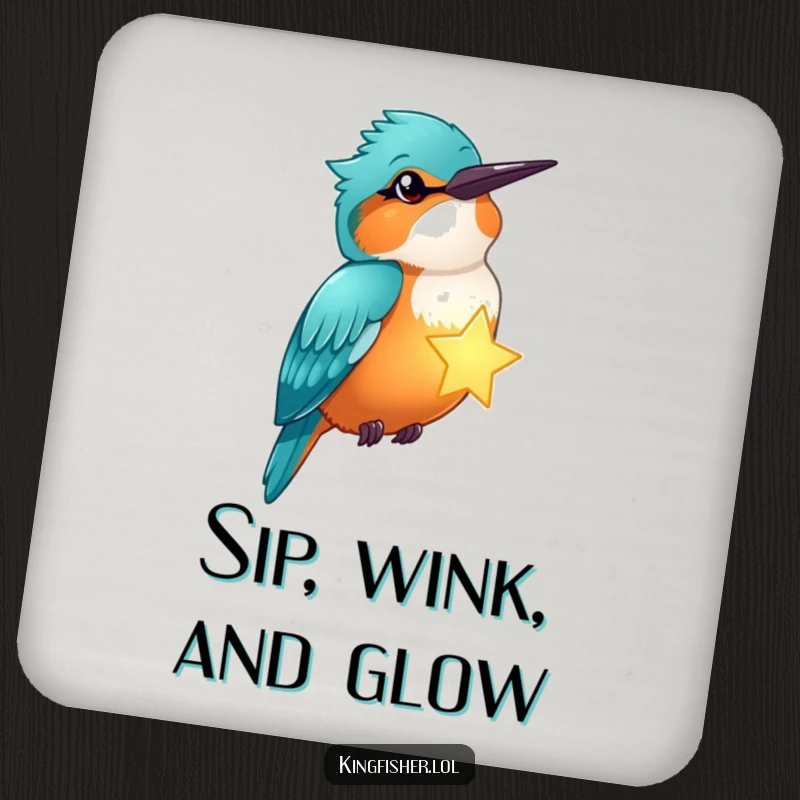 Funny kingfisher winks, holding a glowing star, on a drink coaster, offering magical, humorous protection.