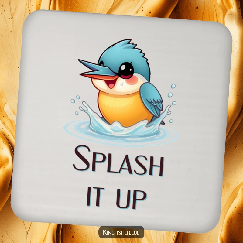Funny Kingfisher Coaster featuring a smiling kingfisher with wide eyes, playfully splashing water upwards, a delightful way to prevent drink rings.