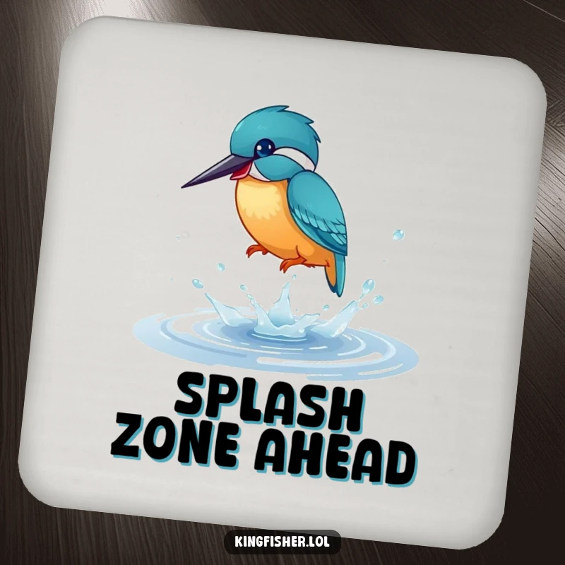 Funny Coaster: A kingfisher bird joyfully splashing in a puddle, bringing playful energy and humor to surface protection.
