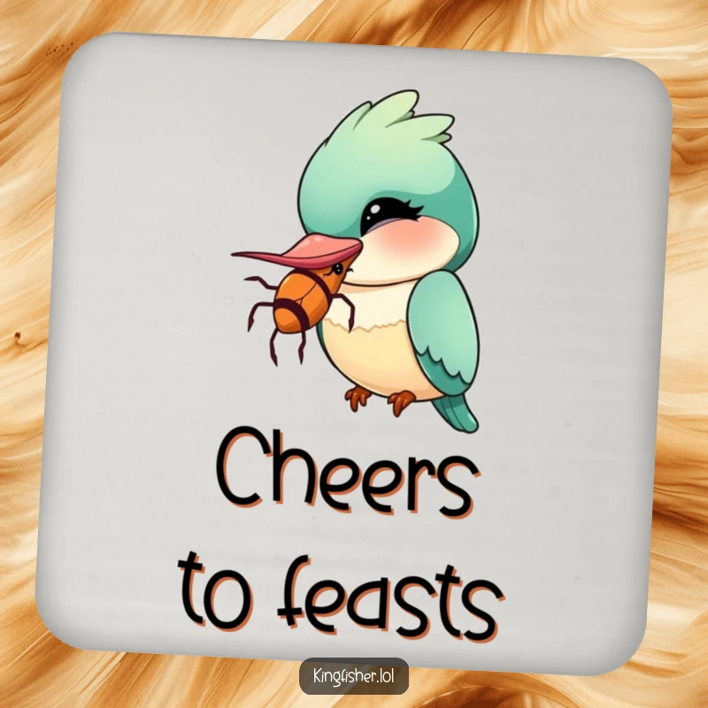Funny Kingfisher Coasters featuring a kawaii bird winking with a comically oversized insect, protecting surfaces with humorous flair.