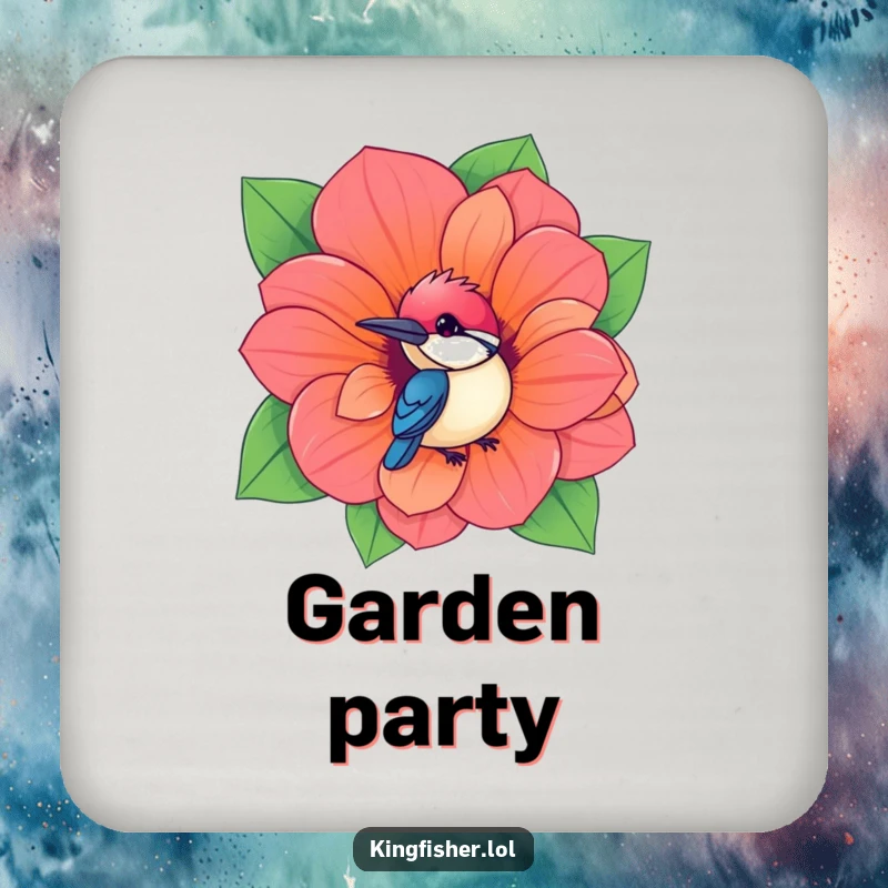 Funny Kingfisher Coasters featuring a kawaii bird peeking from a giant, vibrant flower, protecting surfaces with humorous flair.