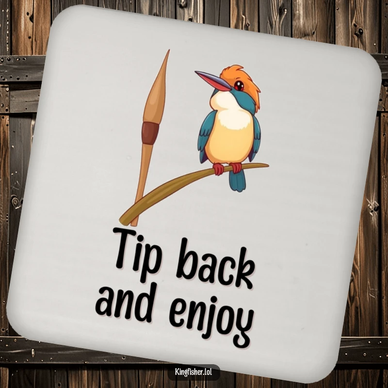 Funny happy kingfisher bird drink coasters, perched precariously on a swaying reed, looking upwards with a smile, offering charming humor.