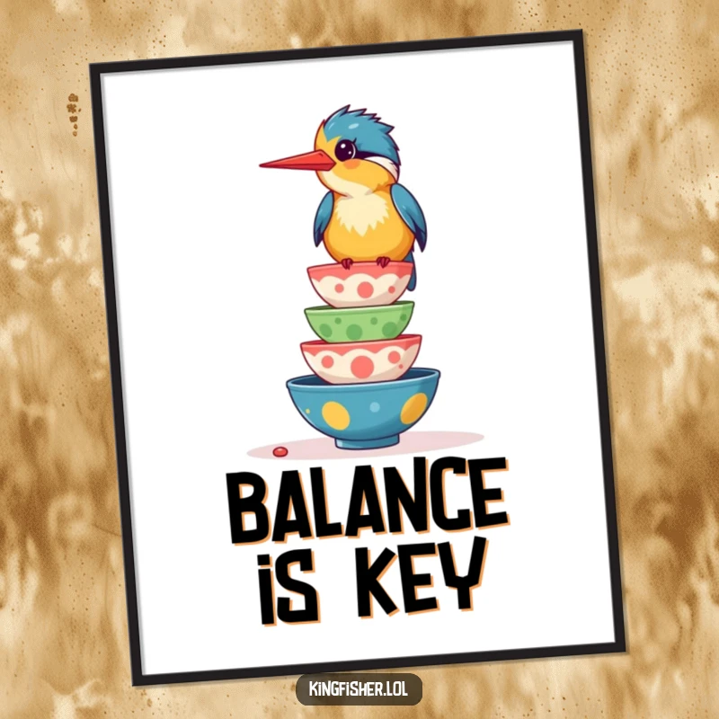 Funny poster art of a giggling kingfisher bird balancing a stack of colorful, wobbling food bowls, celebrating food joy.