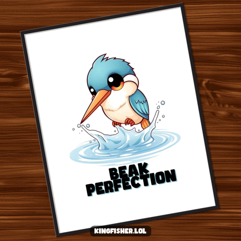 Funny Kingfisher Splash Poster: A kingfisher with large eyes playfully splashes water. Excellent funny wall decor.