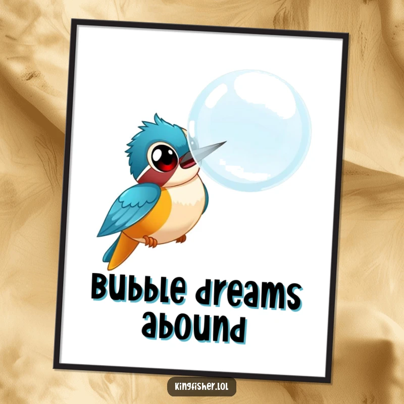 Funny kingfisher poster, a bird with wide eyes chasing a large comical bubble, vibrant wall decor, humorous artwork.