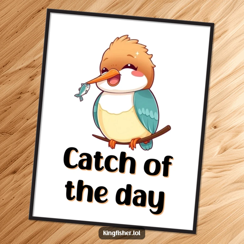 Funny Kawaii Kingfisher Poster: An adorable kingfisher character with a fish in its beak, a funny and heartwarming art print.