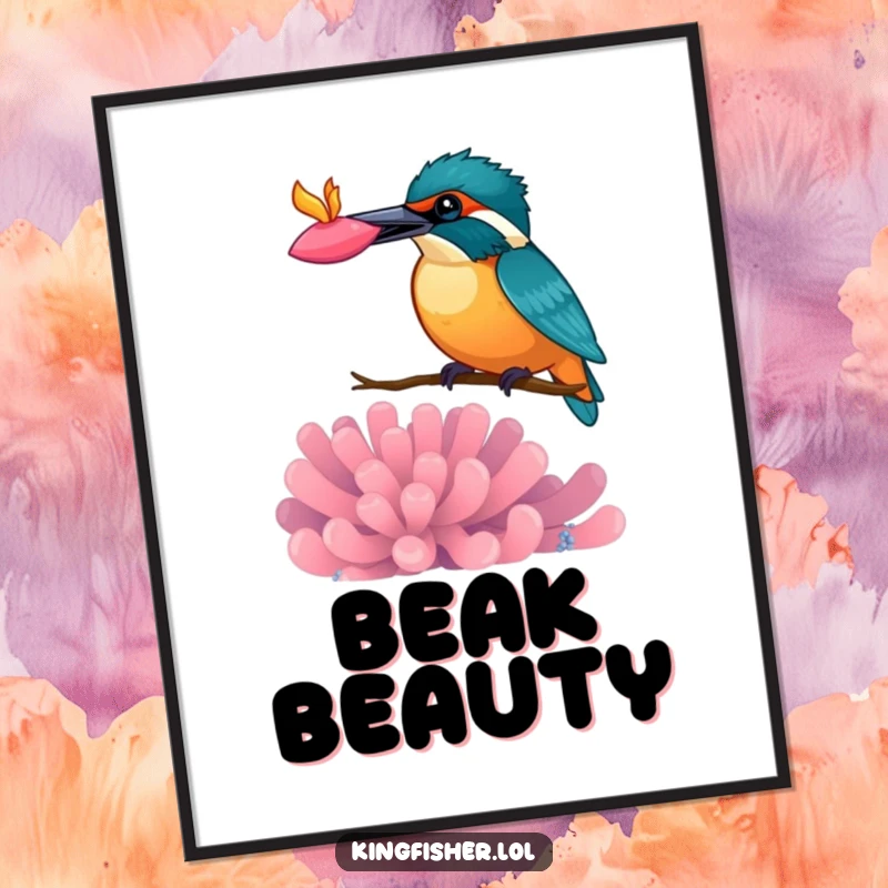 Funny kingfisher poster, bird playfully balancing a colorful anemone on its beak, artistic wall decor, whimsical illustration.