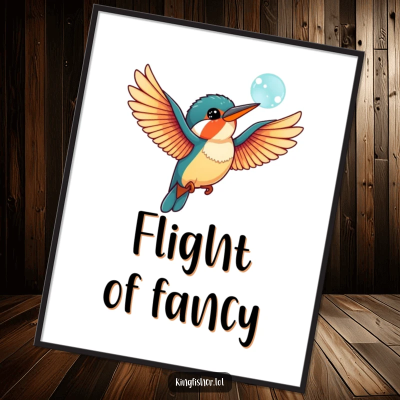 Funny kingfisher bird poster with outstretched wings, playfully chasing a bubble, bringing a sense of lighthearted joy and artistic fun.