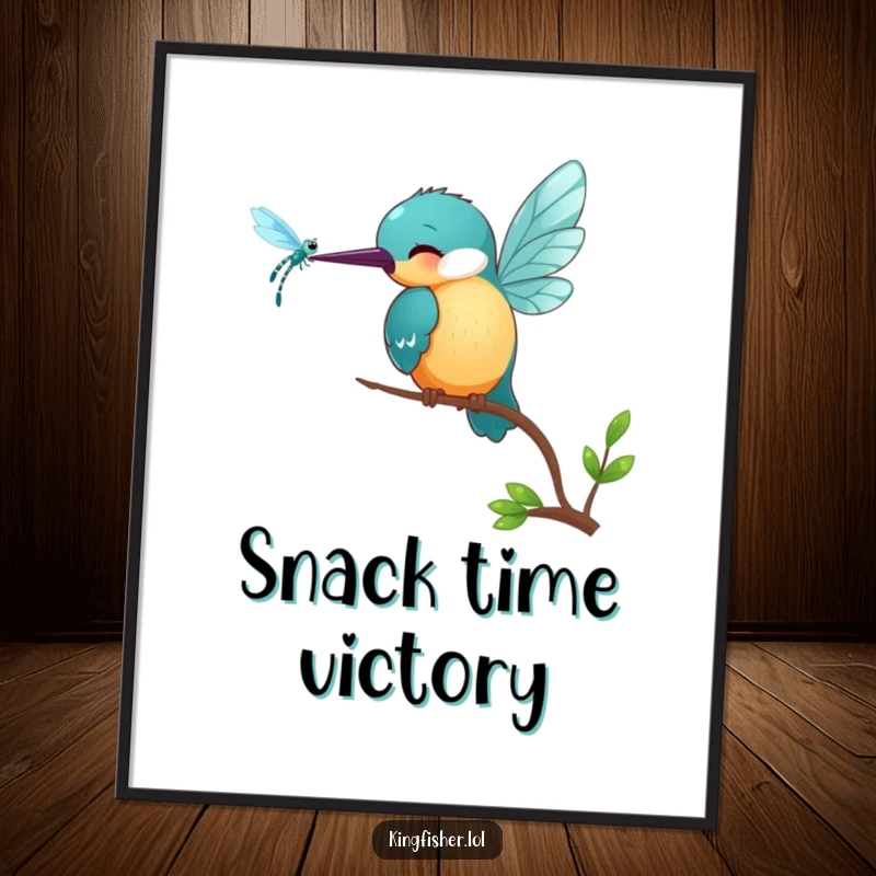 Funny Kingfisher Poster: A small, smiling kingfisher bird pecks playfully at a shimmering dragonfly, full of charming humor.