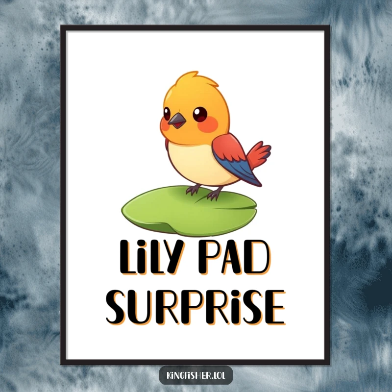 Funny Surprised Bird Poster: A brightly colored bird on a lily pad looks comically surprised. Excellent funny wall decor.