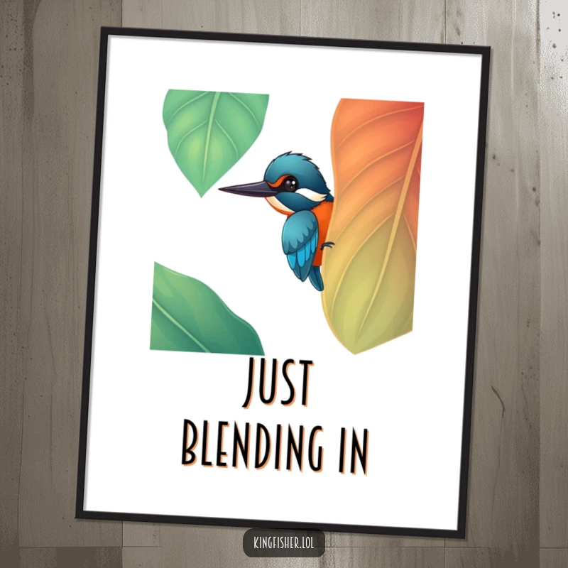 Funny illustration of a cheerful kingfisher bird peeking from behind a large, colorful leaf, suitable for wall art, a funny gift.