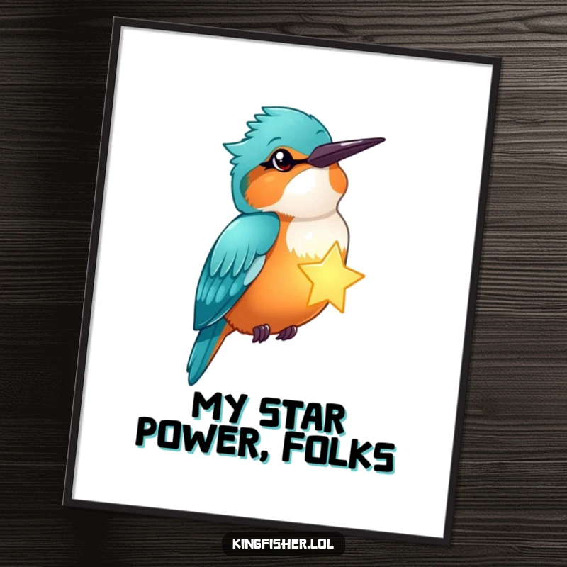Funny kingfisher winks, holding a glowing star, as wall art on a poster, creating enchanting humor.