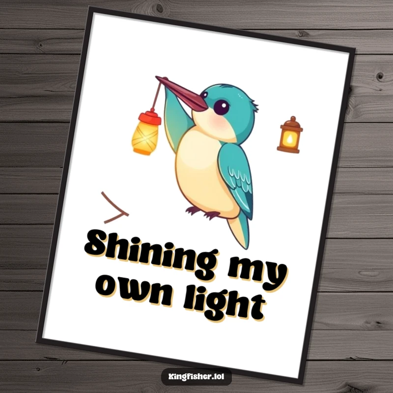 Funny Poster: A delighted kingfisher bird holding a tiny, luminous lantern aloft, creating a scene of warm light and whimsical humor.