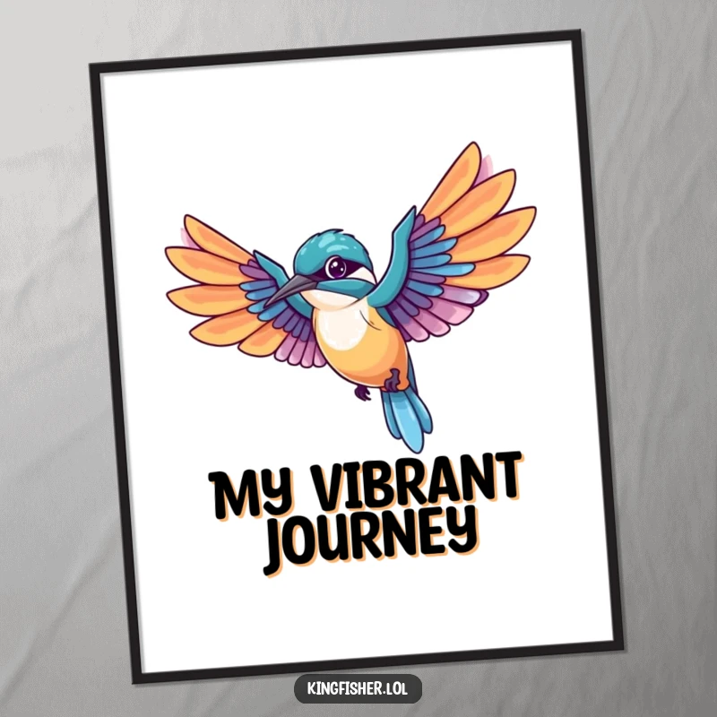 Funny Kingfisher Poster showing a kawaii bird mid-flight with wings spread wide, trailing colorful feathers, perfect for dynamic, humorous decor.