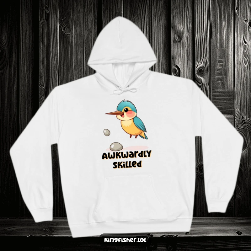 Funny hoodie with a smiling kingfisher bird awkwardly juggling shiny pebbles, perfect for staying warm and cozy.