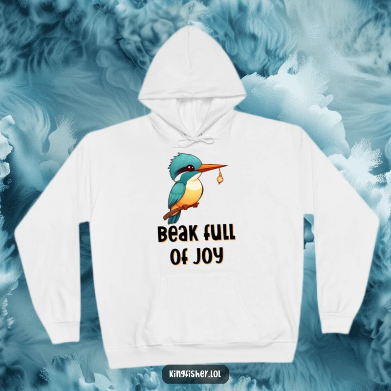 Funny Kingfisher Hoodie featuring a kawaii kingfisher with wide eyes, skillfully catching a sparkling, tiny fish in its beak.
