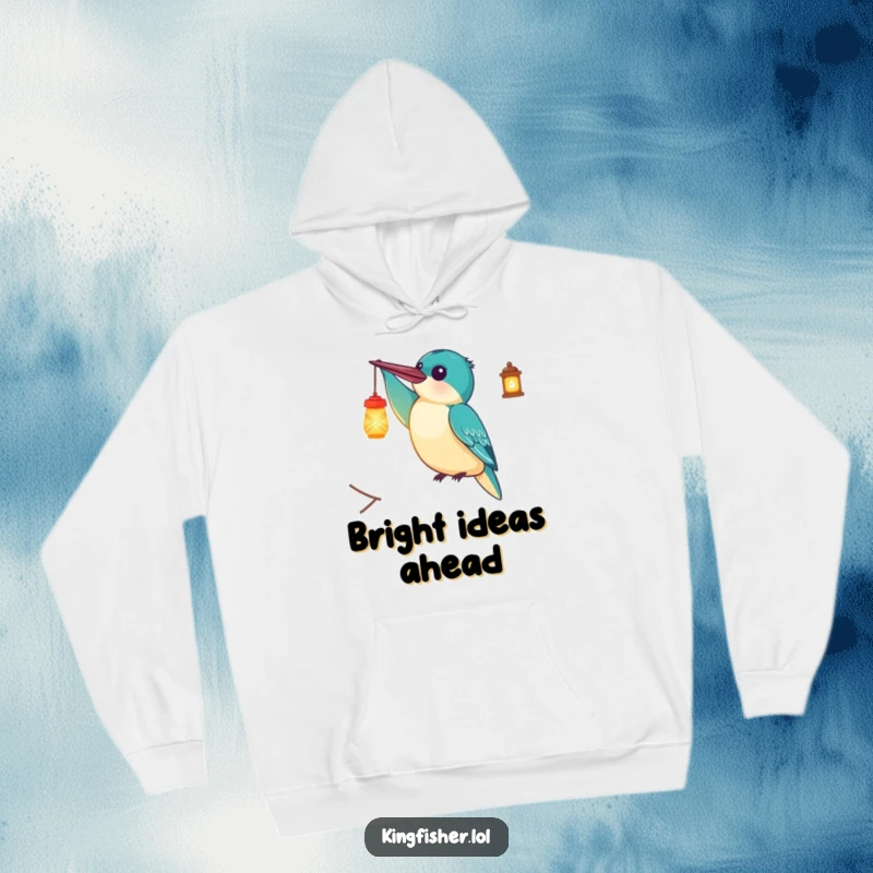 Funny Hoodie: A delighted kingfisher bird holding a shining lantern, embodying cozy comfort and illuminating humor.