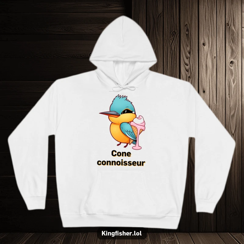 Funny kingfisher hoodie, a bird winking and holding a dripping ice cream cone, comfortable and humorous apparel.