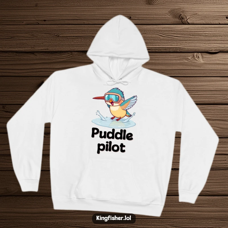 Funny kingfisher hoodie, bird wearing oversized goggles splashing in a puddle, comfortable and adventurous apparel.