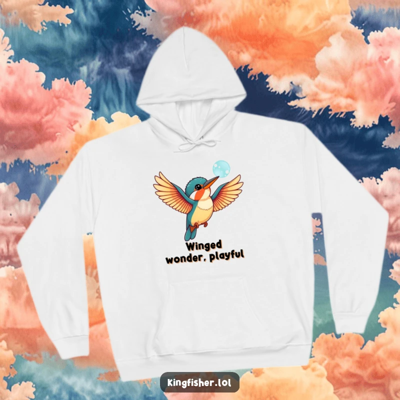 Funny kingfisher bird hoodie with outstretched wings, playfully chasing a bubble, offering cozy warmth and a touch of whimsical humor.